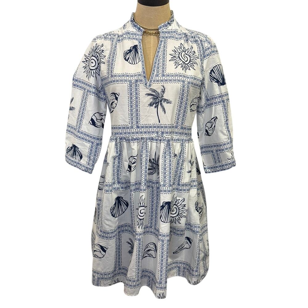 CYNTHIA ROWLEY Blue Tropical Shell Coastal Print Mini Dress XS Resort Vacay